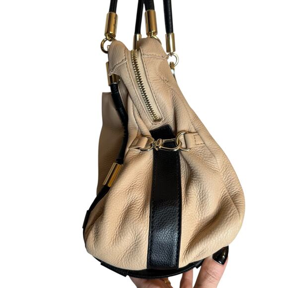 DKNY Vintage Leather Satchel Beige Black Bowler Bag Purse Handbag - Picture 4 of 11